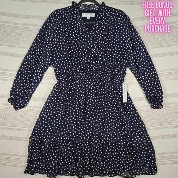 Emma & Michele Navy White Polka Dot Ruffle Hem Dress Size PXL NWT - Picture 1 of 7